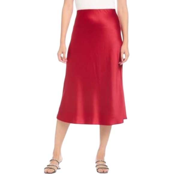 Karen Kane Lipstick Red Satin Bias Slip Midi Skirt Cocktail - Picture 1 of 13
